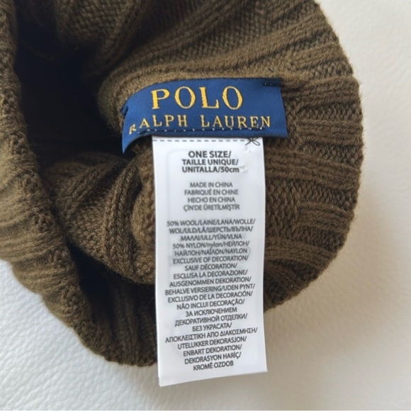 Polo by Ralph Lauren Olive Wool Blend Ribbed Cuff Knitted Beanie hat -one size - Picture 3 of 5